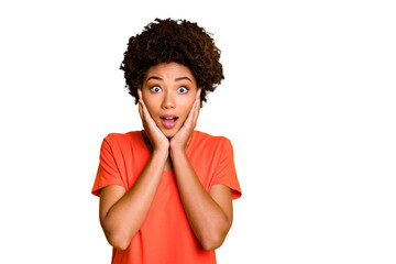 Photo of funny dark skin lady ready for cheap shopping not believe black friday low prices wear...