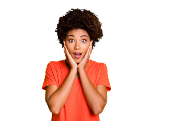 Photo of funny dark skin lady ready for cheap shopping not believe black friday low prices wear orange v neck t-shirt isolated yellow color background
