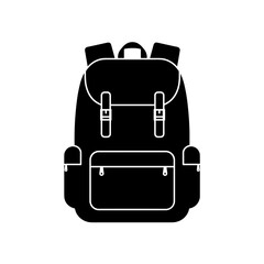 Hiking backpack icon in black and white for outdoor travel