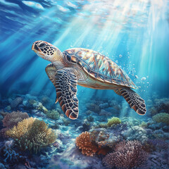 Obraz premium Sea turtle splashes on the seabed with corals