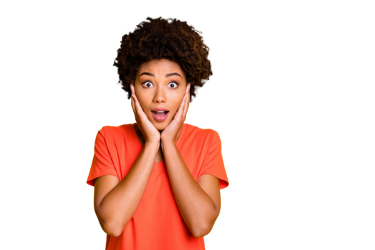 Photo of funny dark skin lady ready for cheap shopping not believe black friday low prices wear orange v neck t-shirt isolated yellow color background