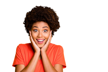 Photo of funny dark skin lady ready for cheap shopping not believe black friday low prices wear orange v neck t-shirt isolated yellow color background