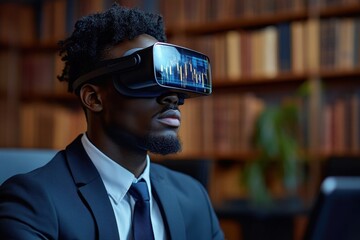 Businessman Using Virtual Reality Headset in Modern Office Environment for Innovative Experience