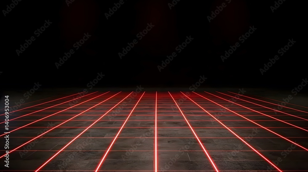 Poster a dark room floor with a grid pattern created by bright red laser lines.