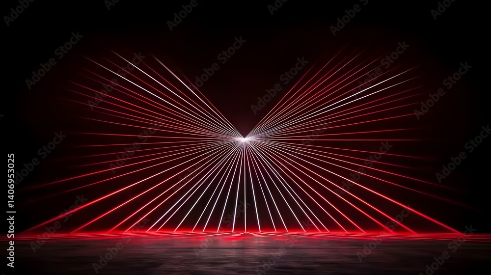 Poster the image shows a dark room with numerous red and white laser beams emanating from a central point, 