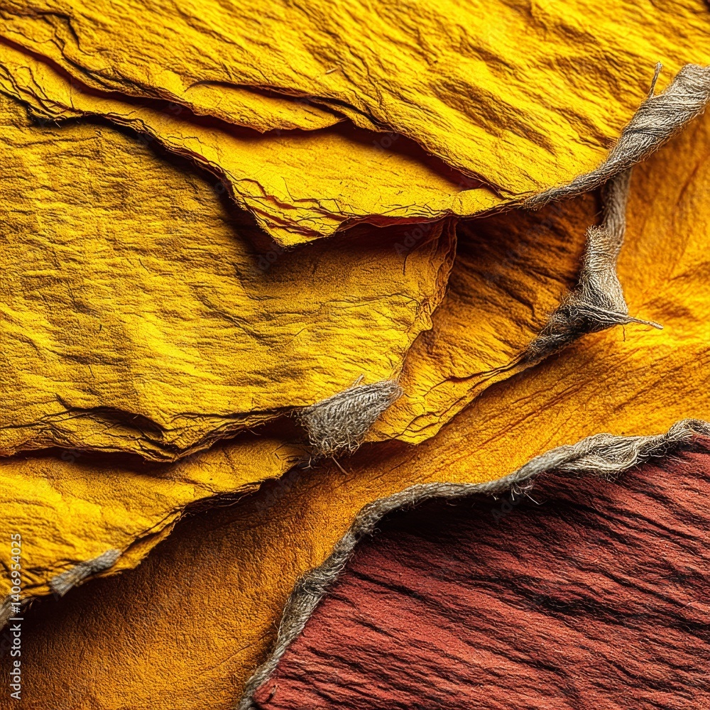 Poster Abstract Layers: Ripped Paper Texture with Rich Golds and Reds, a Textured Design with Natural Edges and Fiber Detail