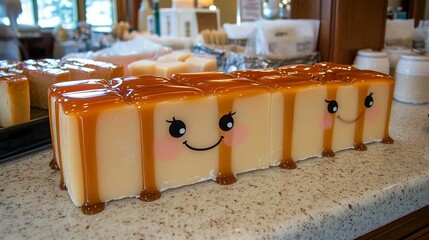 Cute caramel swirl soap bars with happy faces displayed on a counter.