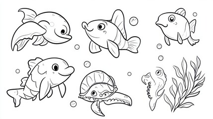Obraz premium A line drawing of various sea creatures, including a fish, dolphin, turtle, and crab, set in an underwater scene. The illustration conveys a lively aquatic environment.