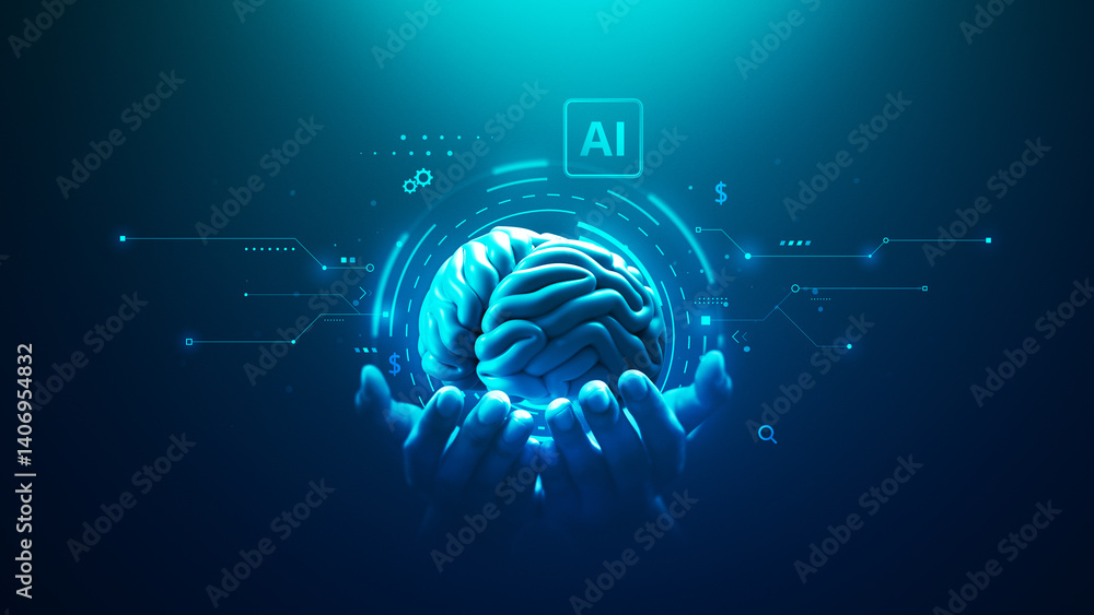 Poster 3d ai brain with artificial intelligence neural network and digital data technology.