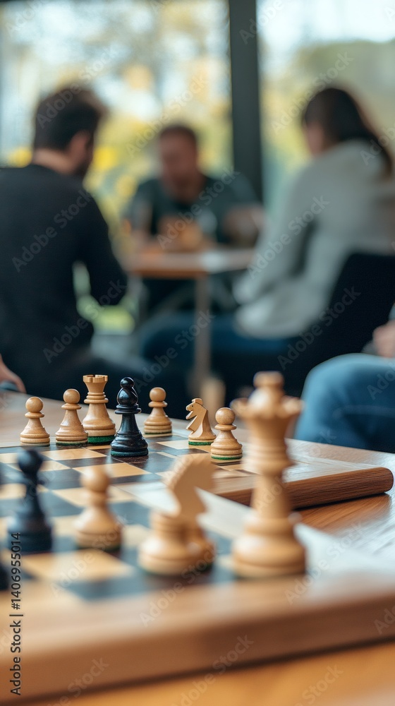 Poster focusing on a chessboard, showcasing an ongoing game, while blurred chess club members engage in fri