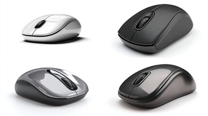 Four computer mice in silver, black, and gray.