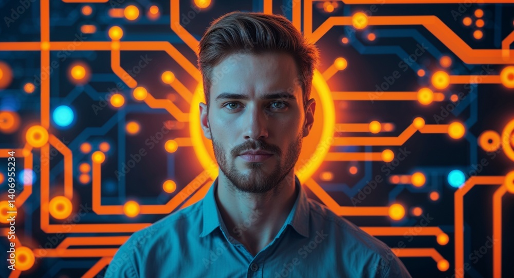 Poster caucasian man on orange theme glowing tech circuit background design template banner with copy space