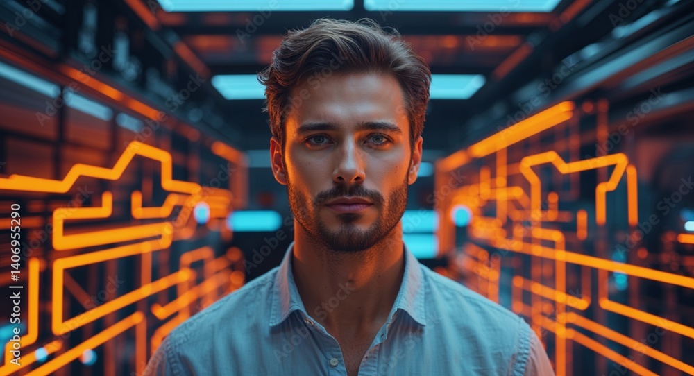 Poster caucasian man on orange theme glowing tech circuit background design template banner with copy space
