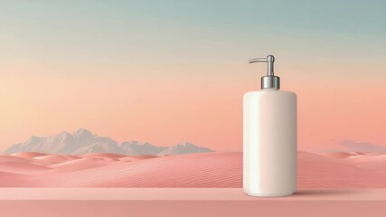 A white pump bottle on a matching platform, against a desert backdrop. Serene and calm, the pink landscape is soft and pleasing - Powered by Adobe