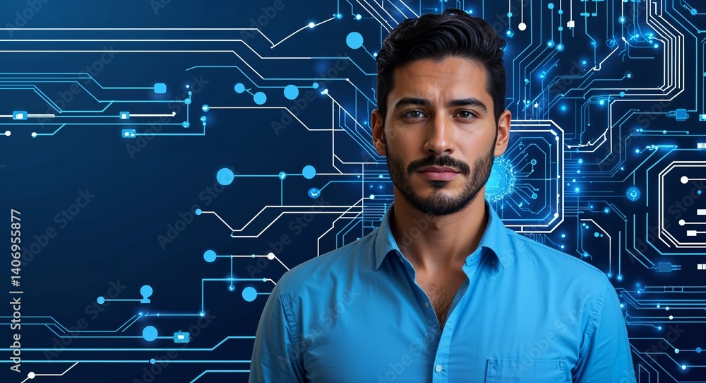 Poster hispanic man on blue theme digital network circuit background design template banner with copy space