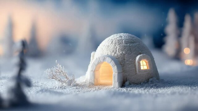Winter wonderland A snow-covered igloo glows softly amidst a snowy landscape, creating a serene and inviting scene