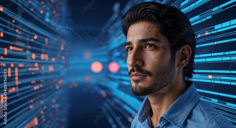 Poster hispanic man on blue theme matrix wireframe system background design template banner with copy space