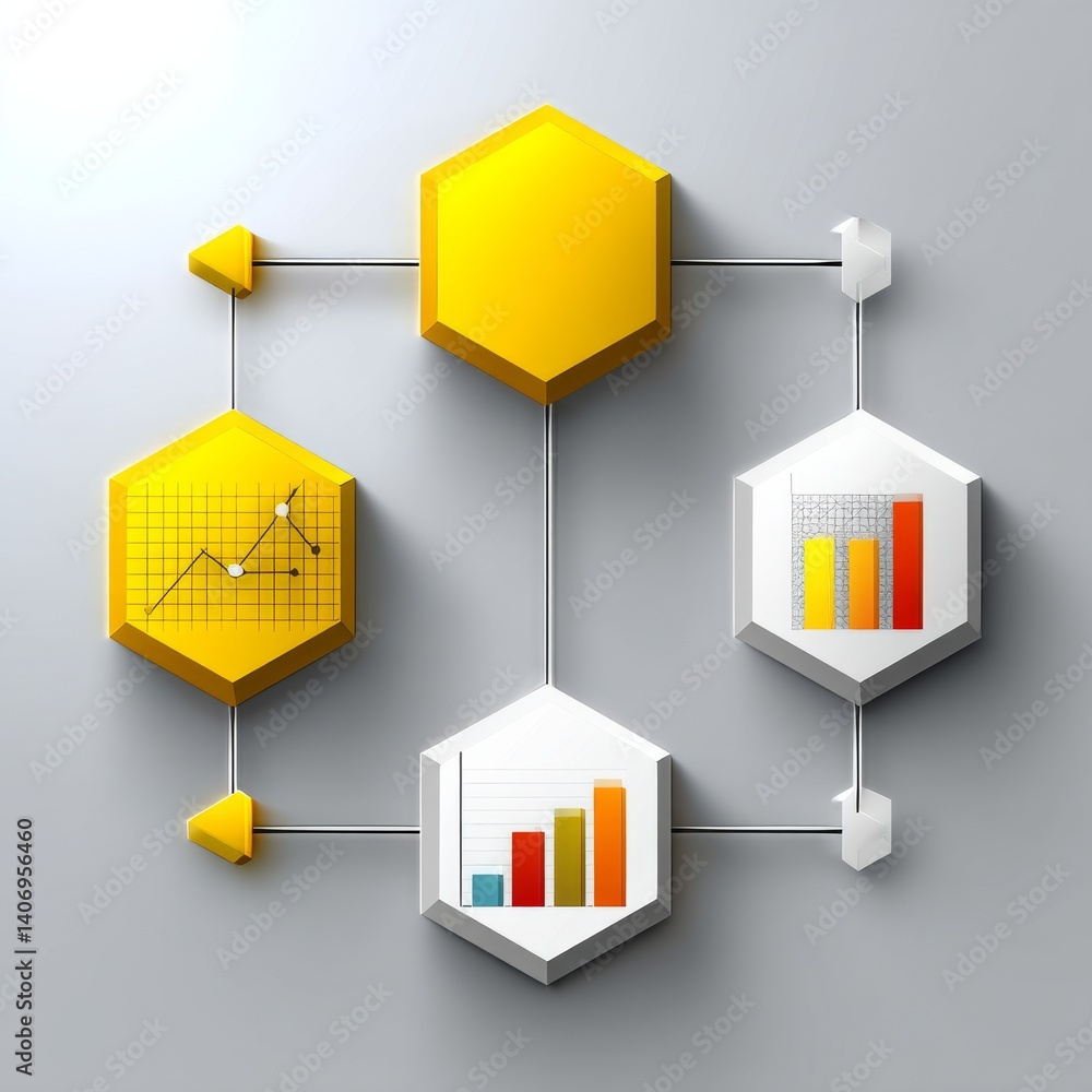 Poster hexagonal business data flow chart with trendline, bar graphs, and color-coded analysis, isolated on