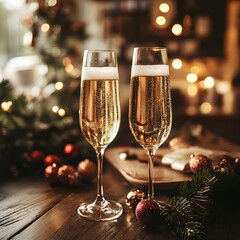 Festive Champagne Toast with Christmas Decorations and Warm Lights