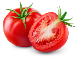 Tomato isolated png. Tomato with a half  on white or transparent background. Perfect retouched png tomato no background. Whole tomato with a slice. Full depth of field.