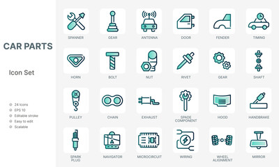 Car auto parts line icons set with green energy concept