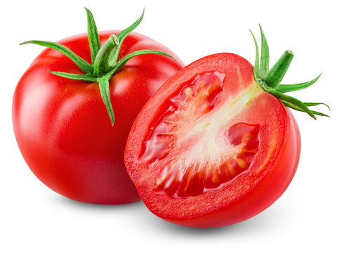 Tomato isolated png. Tomato with a half on white or transparent background. Perfect retouched png tomato no background. Whole tomato with a slice. Full depth of field.