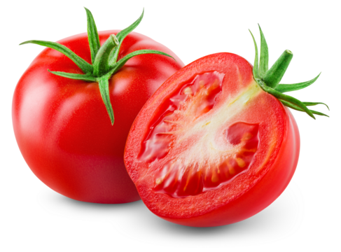 Tomato isolated png. Tomato with a half  on white or transparent background. Perfect retouched png tomato no background. Whole tomato with a slice. Full depth of field.