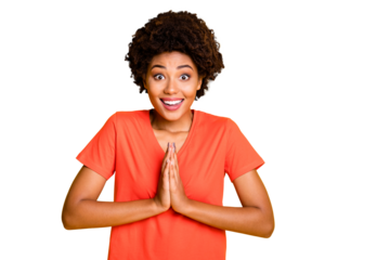 Close up photo of funny dark skin lady clapping arms asking faith wear orange v neck t-shirt isolated yellow color background
