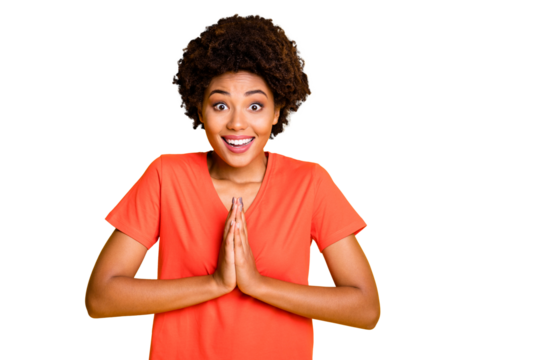 Close up photo of funny dark skin lady clapping arms asking faith wear orange v neck t-shirt isolated yellow color background - Powered by Adobe