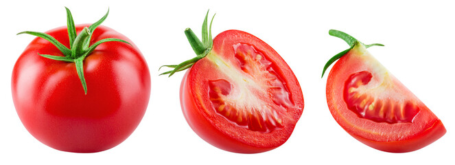 Tomato isolated png. Tomato collection on white or transparent background. Whole, half and slice png tomat no background. Full depth of field.
