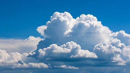 밝고 푸른 하늘 위에 크고 풍성한 뭉게구름이 떠 있는 파란 하늘. 짙은 청록색 하늘 배경과 강한 대비(Blue sky with large, plentiful fluffy clouds floating on the bright blue sky. Strong contrast with the dark turquoise sky background.)