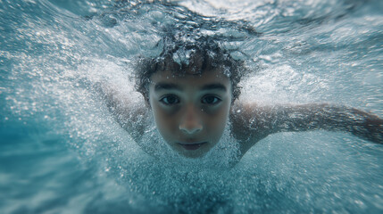 Boy practices swimming strokes underwater in clear pool during sunny summer afternoon to improve his swimming skills and confidence