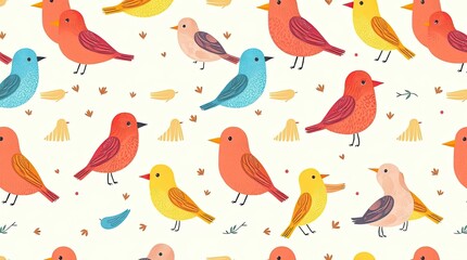 Brightly colored birds of different species arranged in a delightful pattern surrounded by small leaves creating a vibrant cheerful atmosphere perfect for decor