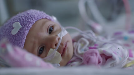Premature baby girl receiving care in a neonatal intensive care unit at a hospital