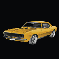 Yellow and painted racing car. Isolated in black background, for t-shirt design, print, and for business purposes.