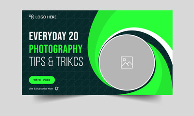 Trendy photography daily tips and tricks video thumbnail banner design, daily photography learning tips and techniques video cover banner design, editable vector eps 10 file format