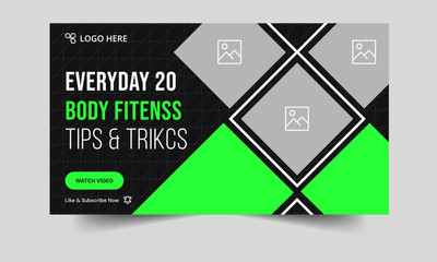 Body fitness new idea tips and tricks video cover banner design, workout plan video thumbnail banner design, editable vector eps 10 file format