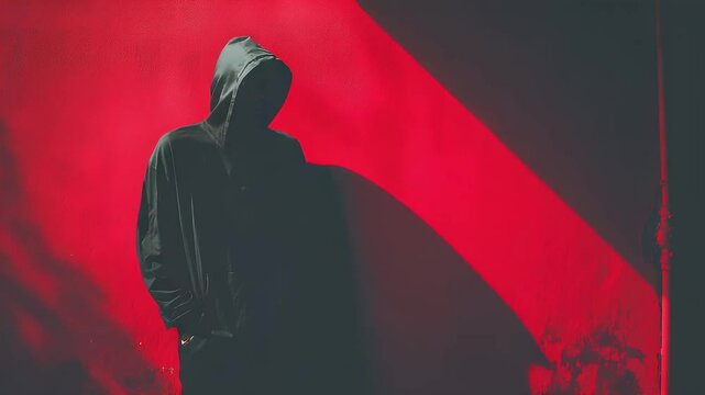 An individual in a hooded sweatshirt stands against a red wall with light streaks, creating a stark and mysterious image