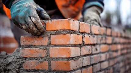 Mason constructing brick wall in residential area. Featuring precise brickwork and craftsmanship