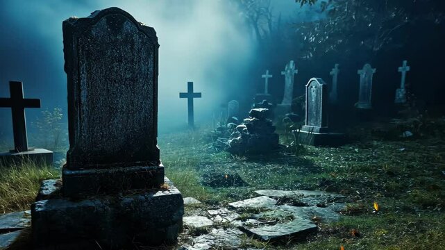 Creepy blank gravestone looming in graveyard at night surrounded by fog and shadows, Creepy blank gravestone in graveyard at night with fog and shadows,halloween theme