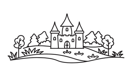 Castle nestled among trees and grass, offering a tranquil and enchanting atmosphere in the landscape line art flat vector illustration