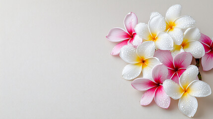 Grouping of Delicate Plumeria Blossoms Displaying Vibrant Colors and Fresh Dew on a Pale Backdrop