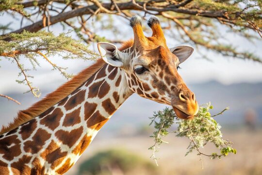 Close-up of a giraffe eating leaves from an acacia tree on a savanna - Powered by Adobe