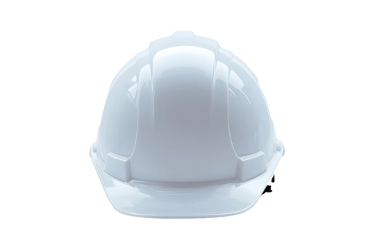 A white hard hat, viewed straight on, against a transparent background. Safety gear, construction attire