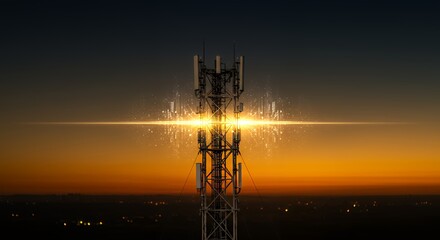 Naklejka premium Communication Tower at Sunset with Data Stream Connection Concept