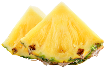 Pineapple slice isolated png. Pineapple piece on transparent background. Cut pineapple slice no background. Triangle pineapple slices transparent png. Full depth of field.