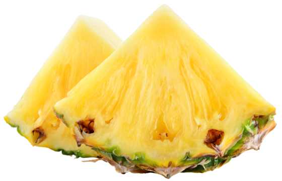 Pineapple slice isolated png. Pineapple piece on transparent background. Cut pineapple slice no background. Triangle pineapple slices transparent png. Full depth of field.