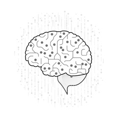 Human brain, symbolizing the convergence of biology and technology. Nodes and lines, hints at AI and neural networks, reflecting the symbiosis between human cognition and advanced tech
