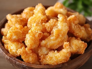 Crispy Fried Shrimp in Wooden Bowl on Rustic Table Setting