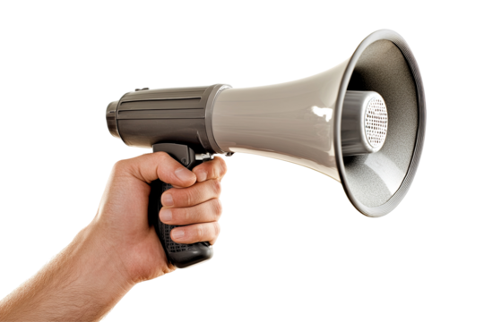 Holding a megaphone. Hand grips the handle, against a transparent background. Ready to amplify the voice